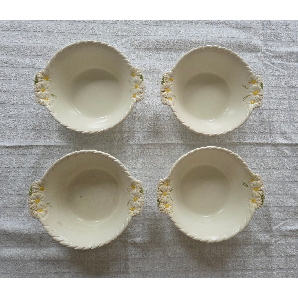 Vintage Ceramic Daisy Basketweave Serving Bowls Set of 4 Cream Cottagecore